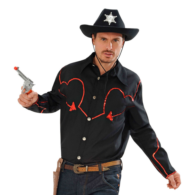[WID1572N] Chemise de Cowboy noire avec paillettes rouges (XL)