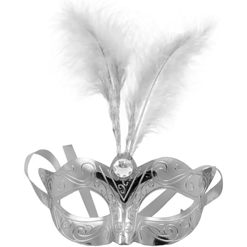 Masque vénitien métallique avec strass et plumes