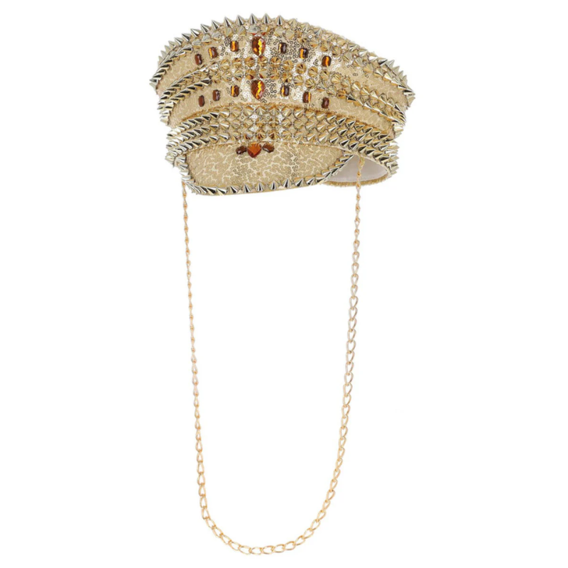 Casquette Capitaine Fever de luxe strass doré avec chaîne