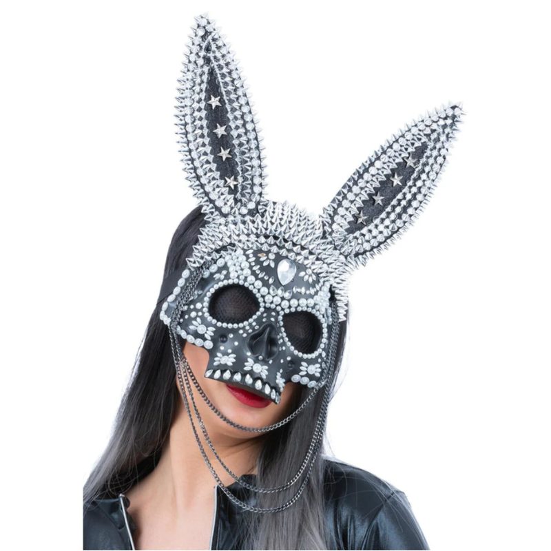 [SMI80576] Deluxe Fever skeleton rabbit mask with rhinestones, spikes and chains