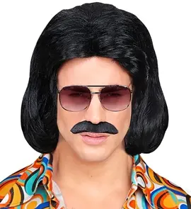 [WID46938] Perruque dandy années 70 avec moustache, noire ou blonde (Noir)
