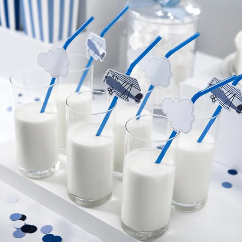 6 pailles avion bleues