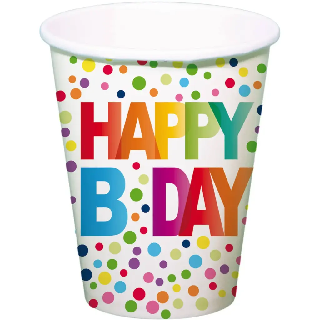Paper Cups Happy B'day Dots, 8 pcs
