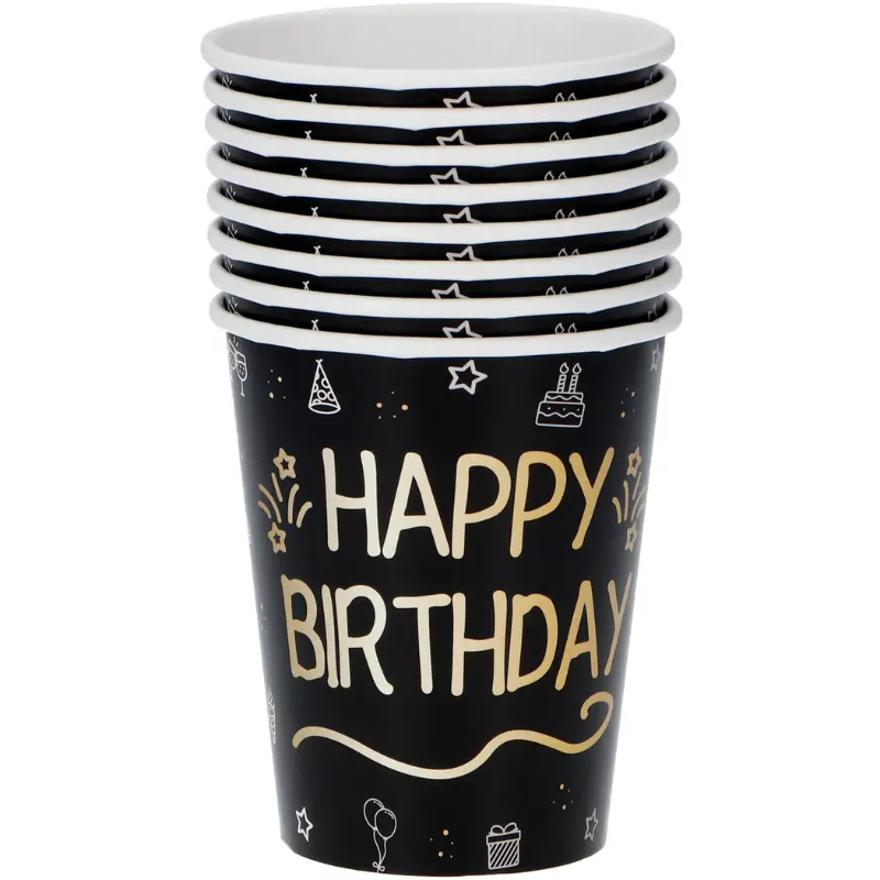 8 gobelets Happy Birthday noir et or