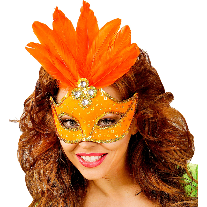 [WID03865] Rosa Brasilien-Augenmaske mit Federn (Orange fluo)