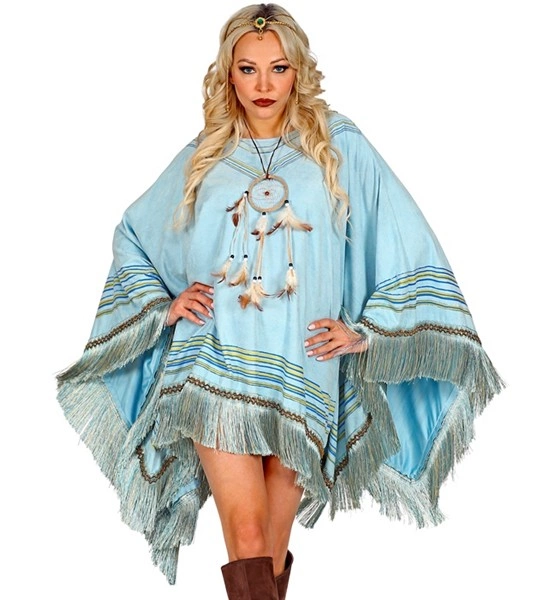 [WID42932] Himmelblauer Poncho mit Fransen