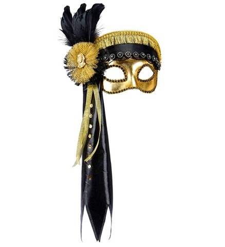 [WID03877] Deluxe-Augenmaske in Gold mit schwarzen Federn und Bändern
