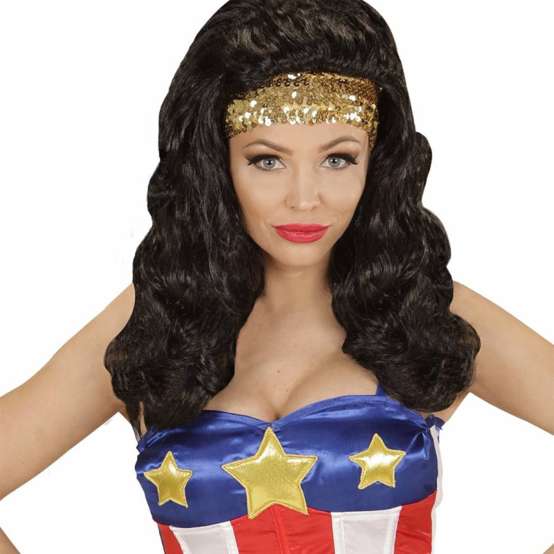 Perruque de Super Woman avec bandeau à sequins or pour femme