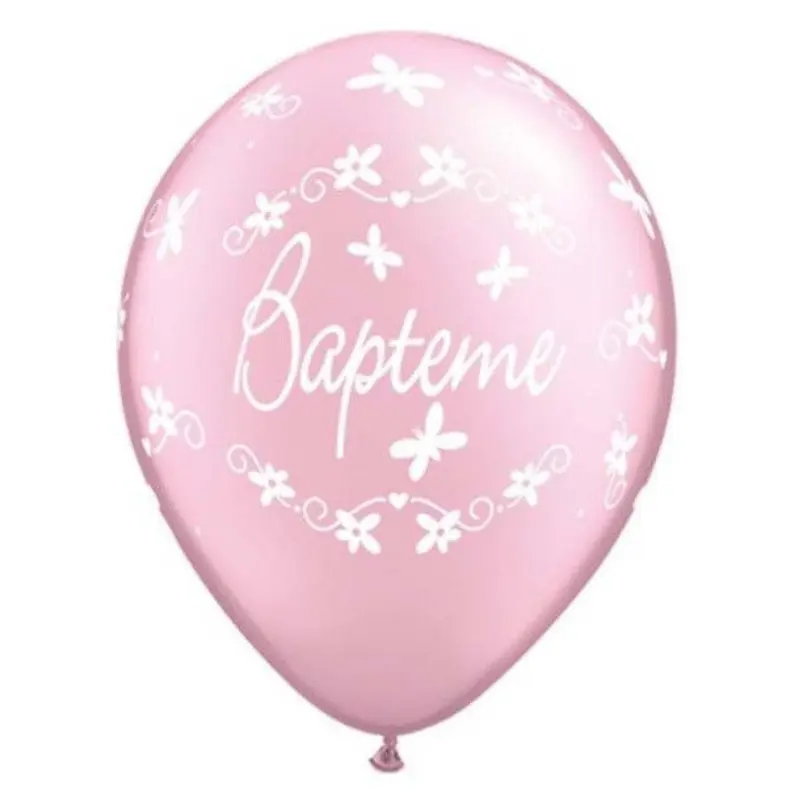 50 Ballons latex 11" rose perlé "Fleurs & Papillons" - Baptême