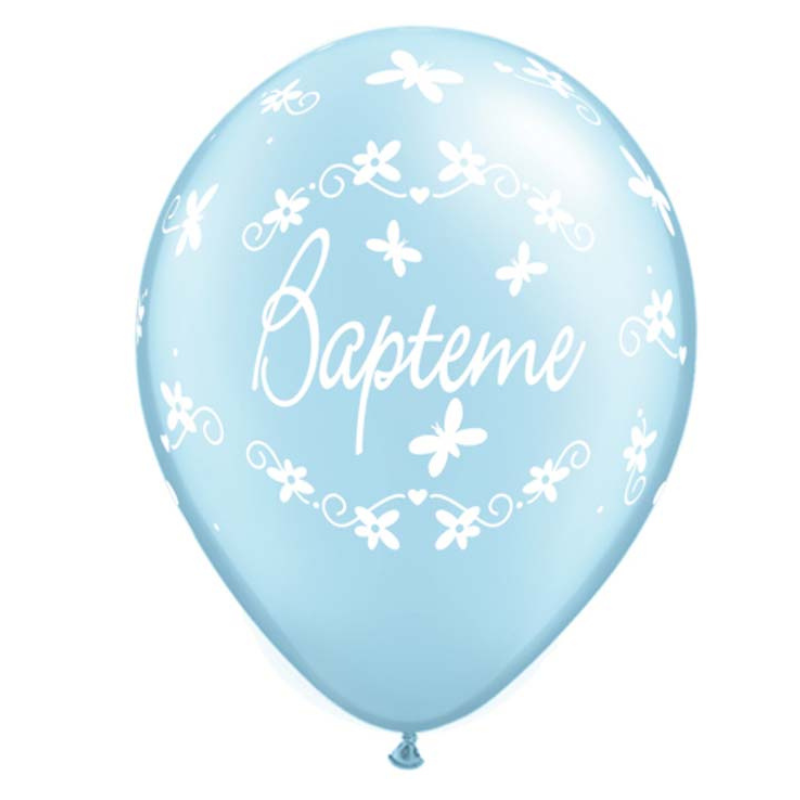 50 Ballons latex 11" bleu perlé "Fleurs & Papillons" - Baptême