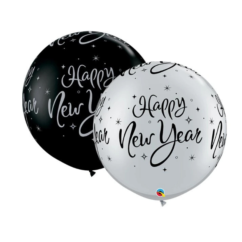 2 Ballons latex 3' (91 cm) - "New Year" argent et scintillant