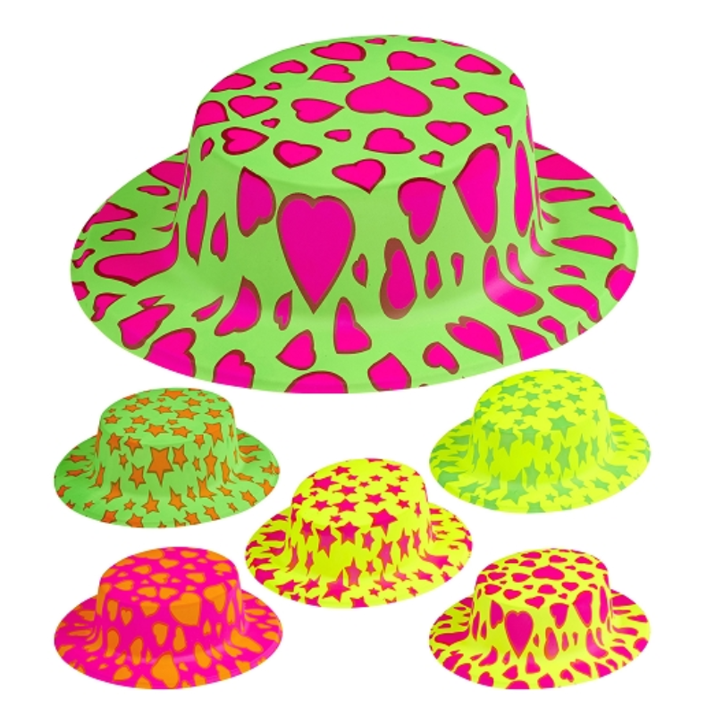 [WID2921F] Chapeau canotier fluo étoile / coeur