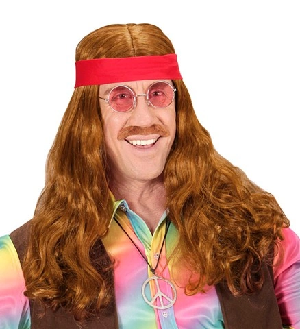 Braune Hippie-Perücke für Herren mit Stirnband und Schnurrbart