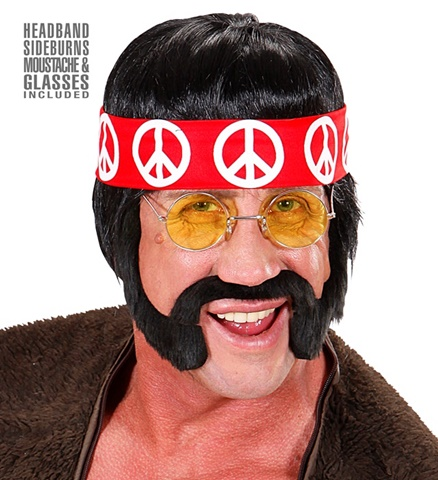 [WIDH6566] Men's black hippie wig with headband and moustache