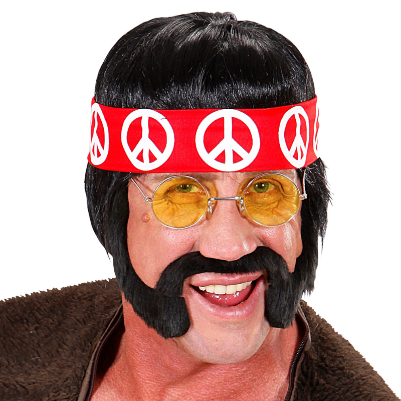 Perruque noire hippie avec bandeau et moustache  pour homme