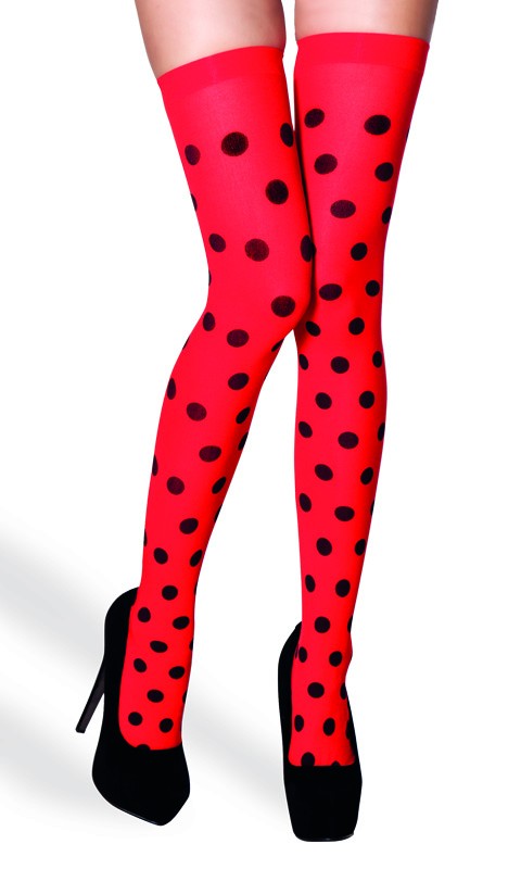 Bas rouge à pois noirs