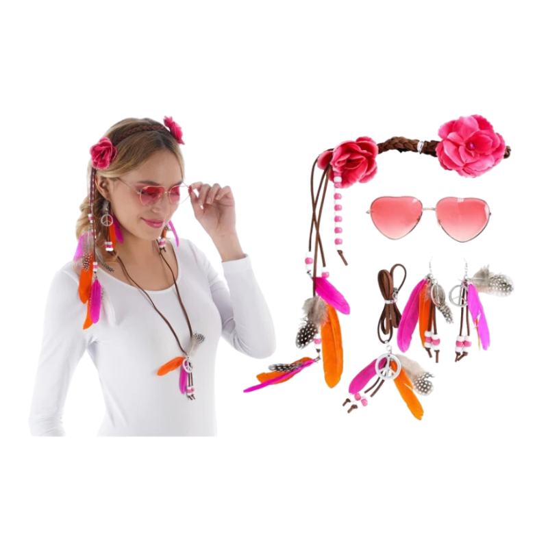 [CHA11092] Kit hippie luxe 4 accessoires : lunettes, bandeau, boucles d'oreilles et collier