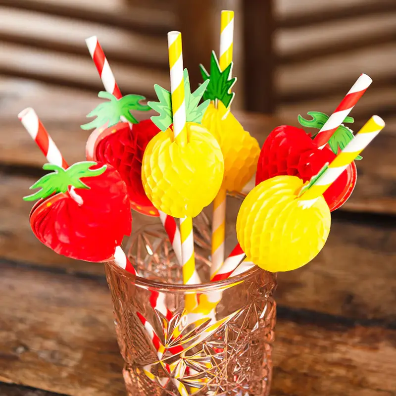 6 Pailles en papier fraise/ananas 20 cm