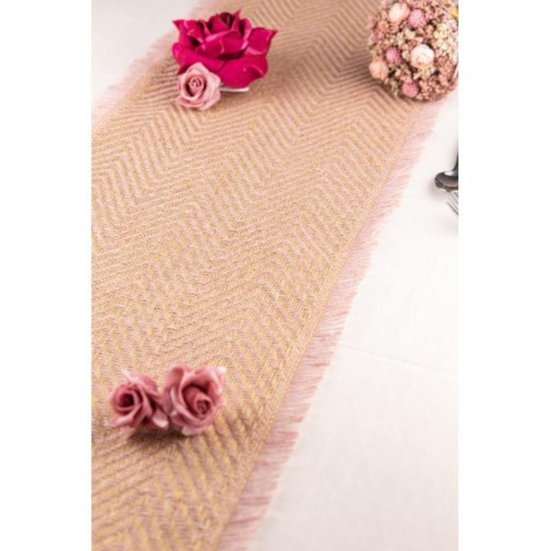 [CHA1020] CHEMIN DE TABLE JUTE CHEVRONS NATUREL/ROSE FRANGE 29CMX3M
