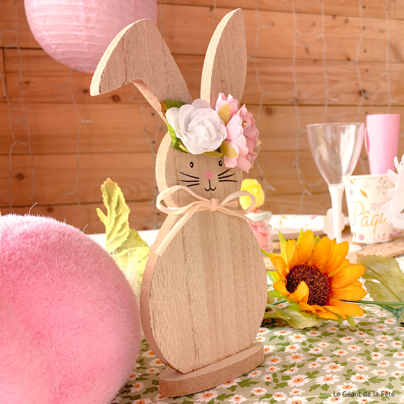 [CHA11946] Décoration lapin en bois et fleurs