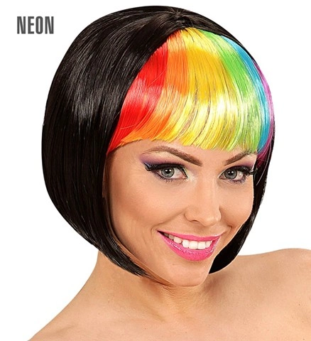 [WID04402] Schwarze Bob-Perücke mit Regenbogen-Pony