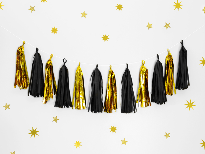 Guirlande pompons or métallisé et noir