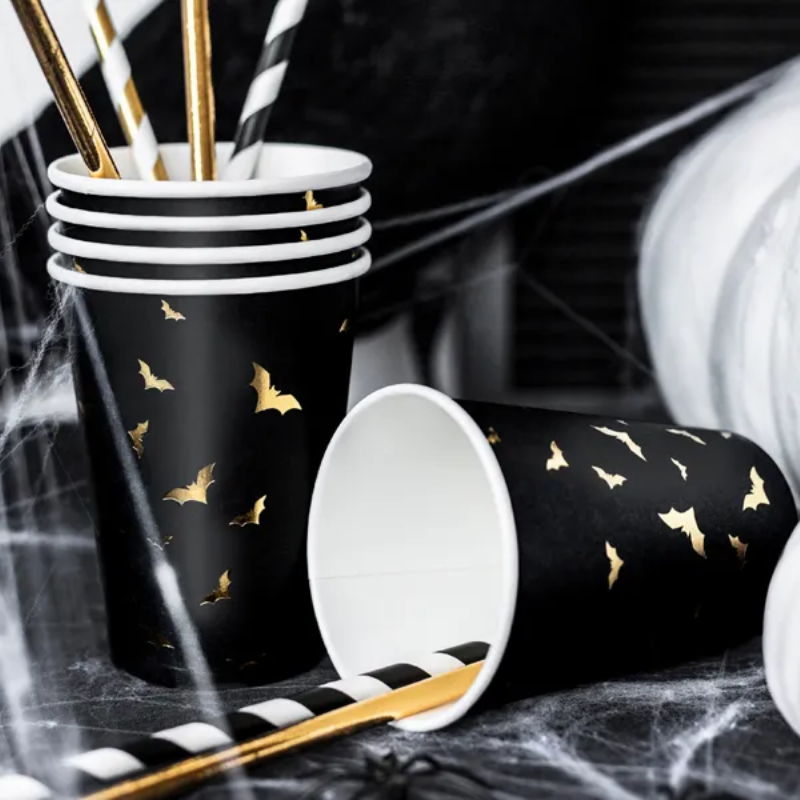 [PARKPP20] 6 schwarze Becher mit goldenen Fledermäusen - Halloween