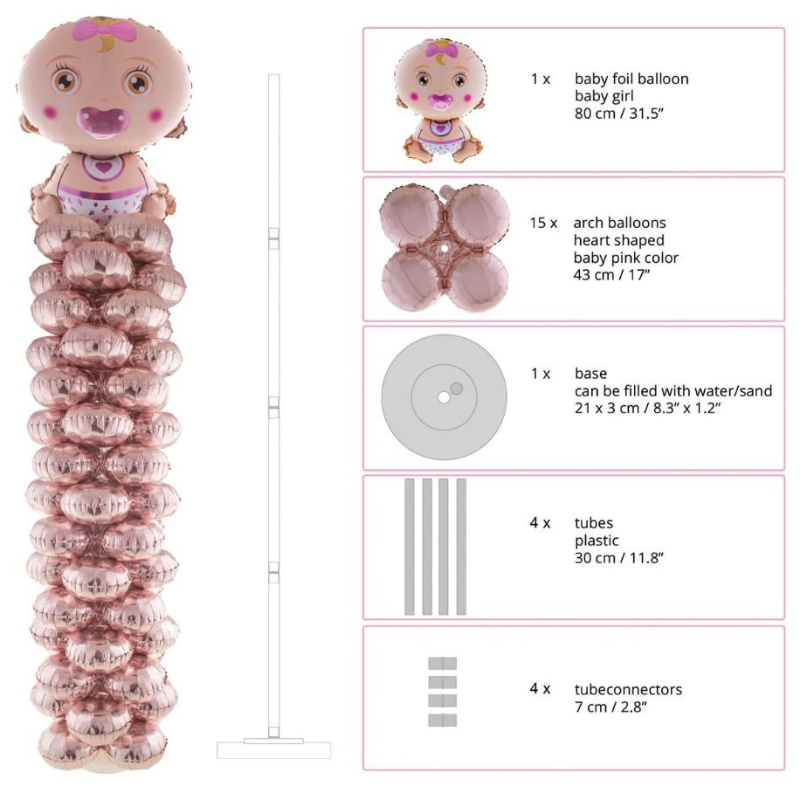 Kit de 16 ballons aluminium avec support "Baby Girl"