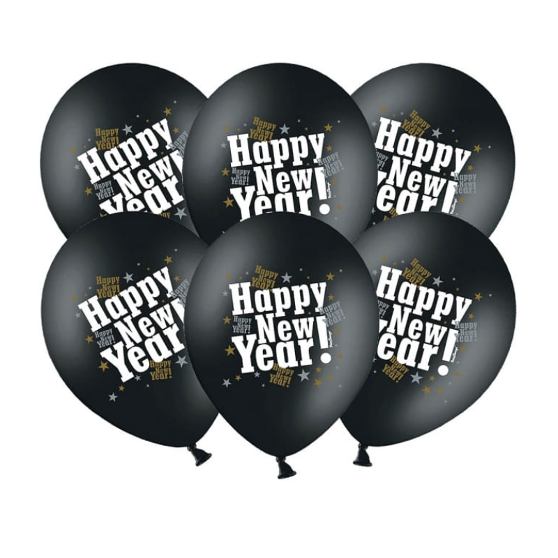 6 Ballons "Happy New Year" Noir metallique