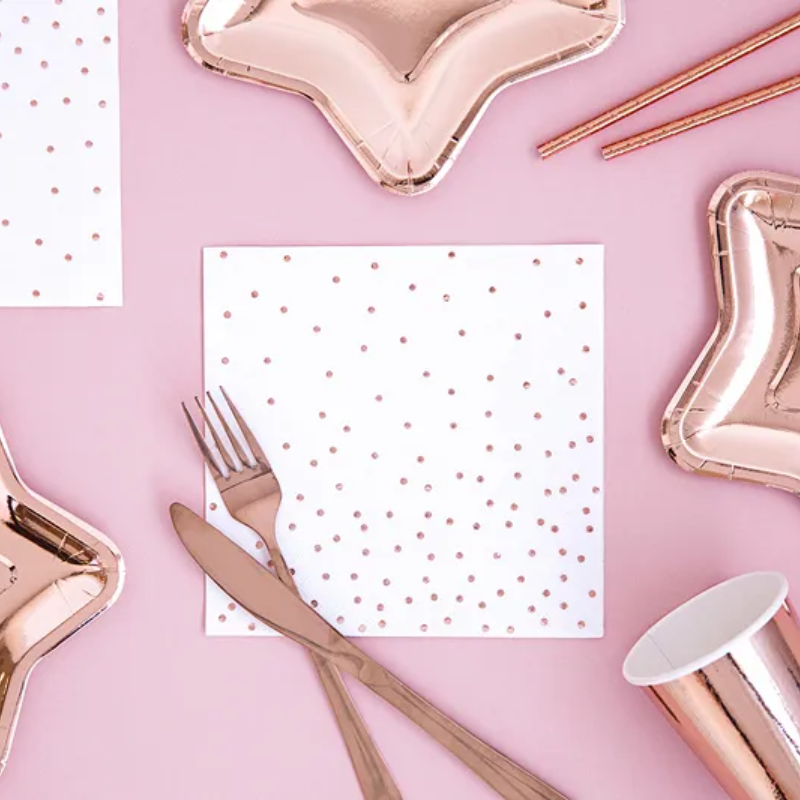 Serviettes blanches à pois rose gold, paquet de 20