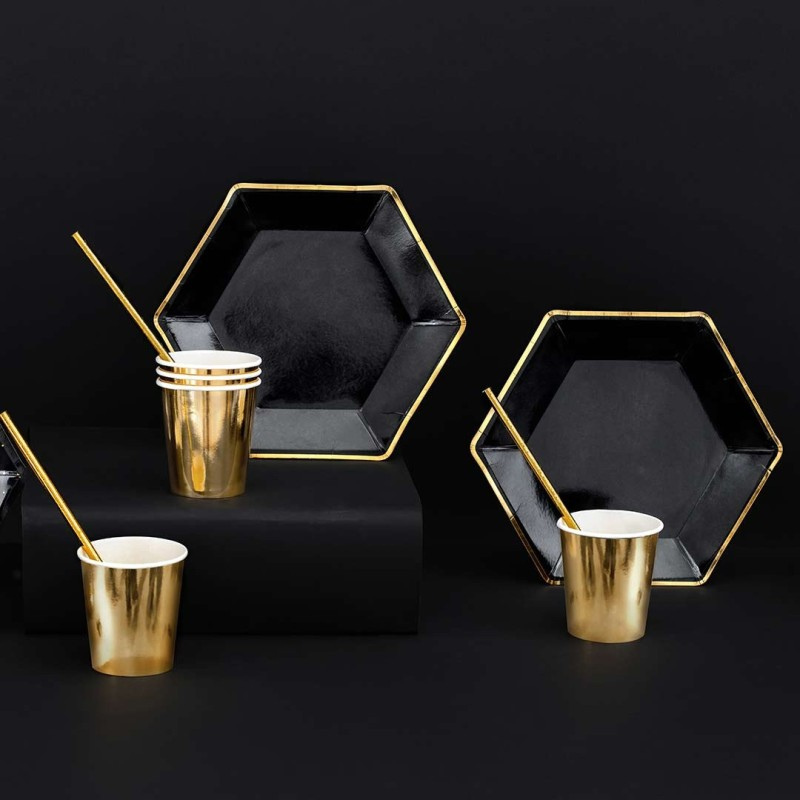 [PARTPP31-010] 6 Assiettes hexagonales noires et or 