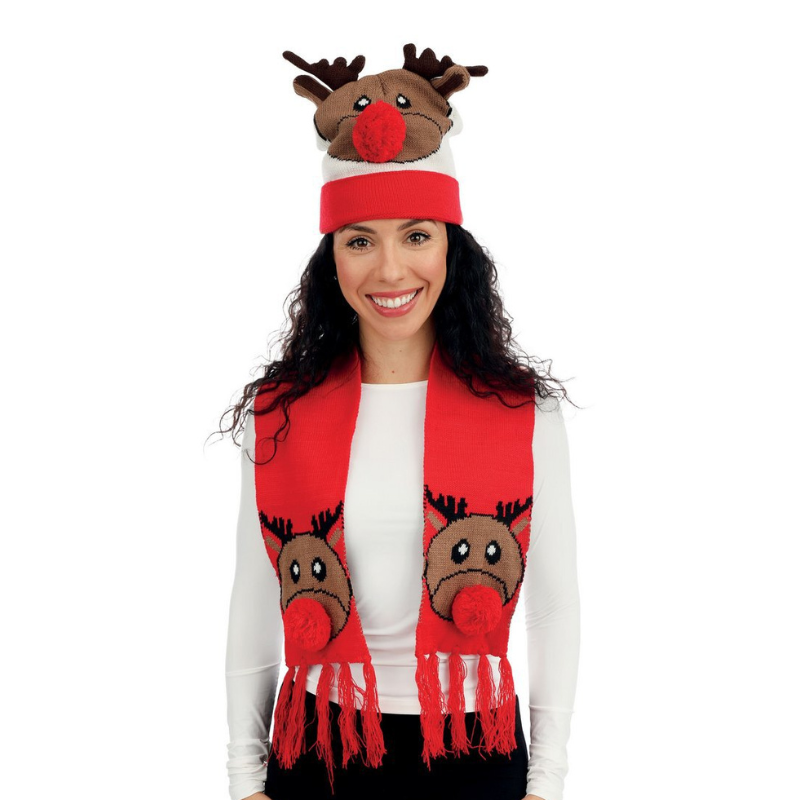 [PCL48331] Weihnachtsmütze und -schal Rentier