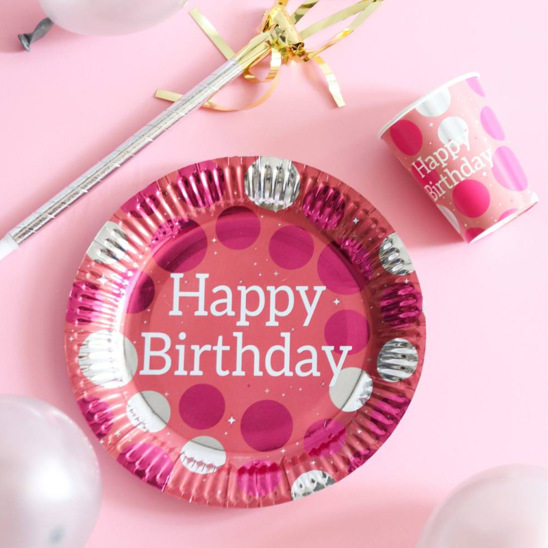 [FOL68400] 8 Assiettes "Happy Birthday" rose