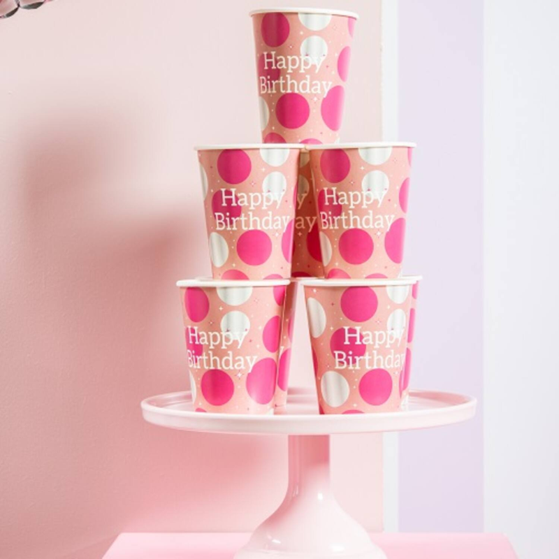 [FOL68401] 8 Pink "Happy Birthday" Cups