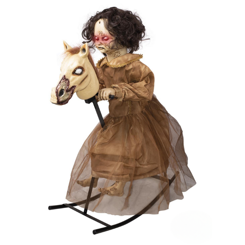 Fillette maudite sur cheval à bascule animé