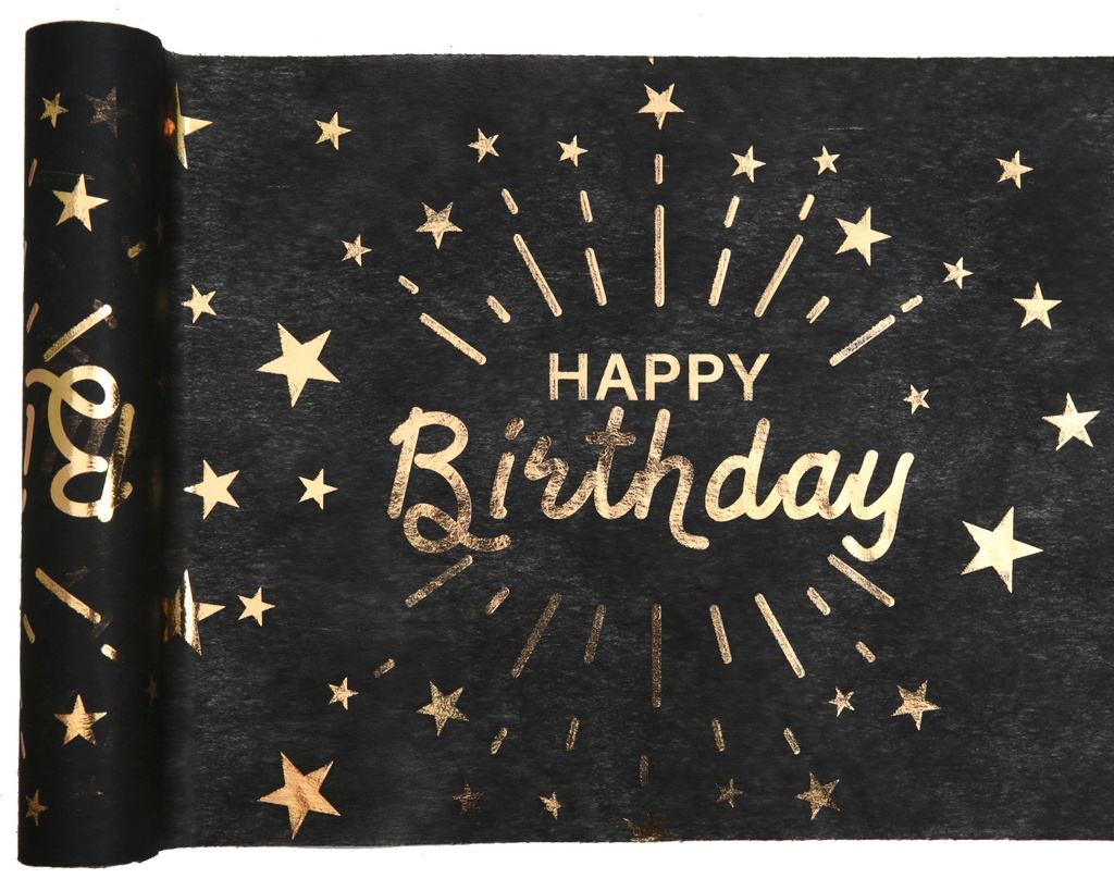[SAN7505/NOIR] Chemin de table happy birthday étincelant noir et or 30 cm x5 m