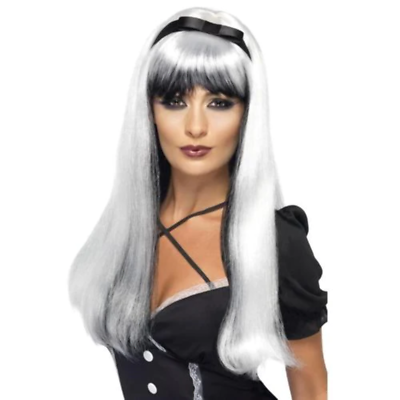 Perruque Enchanteresse Blanche et Noire, Ruban et Noeud Noir