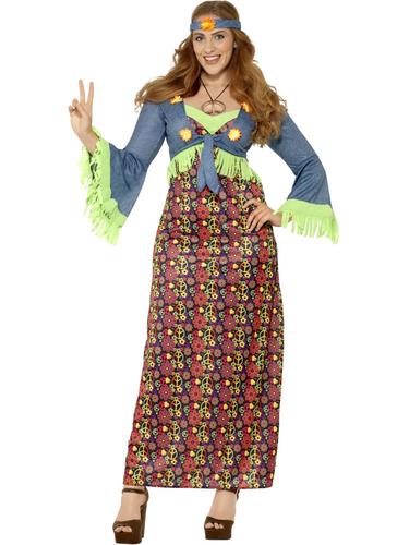 [SMI26532X3] Hippie-Kostüm Damen Übergröße – Kleid mit angenähter Weste und Stirnband – Gr. X3