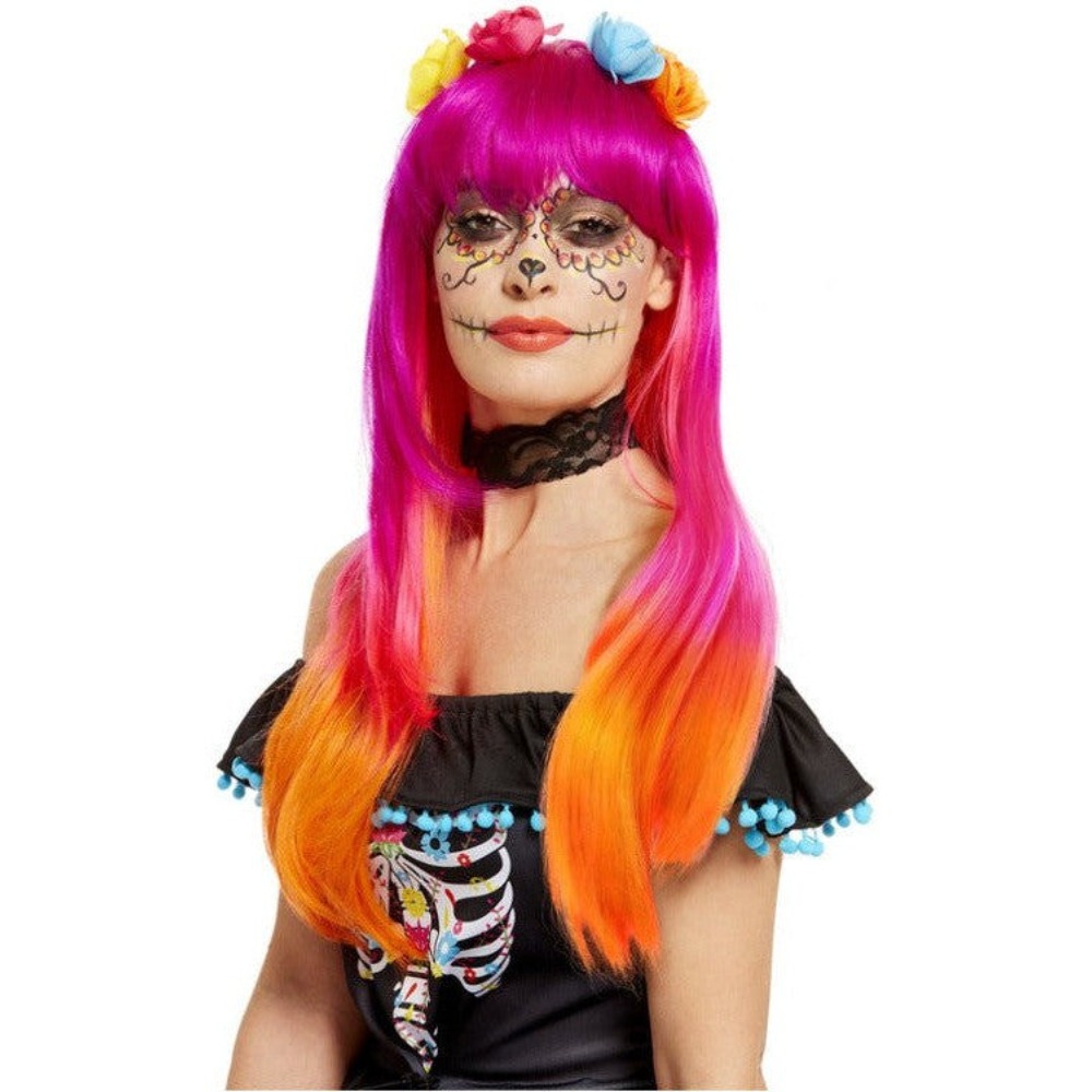 [SMI61119] Day of the Dead Perücke, Rosa und Orange, mit Blumen