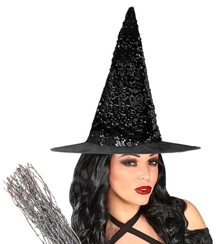 Chapeau de sorcière à sequins réversibles noir/argent