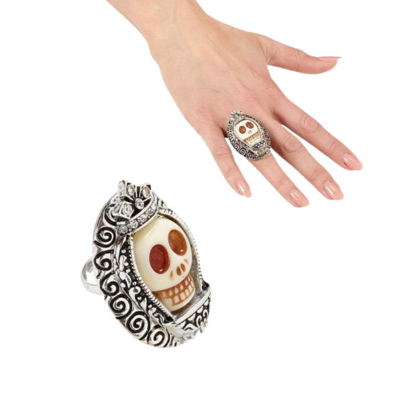 [WID03502] Silver Ring with White Skull and Rhinestones - Dia de los Muertos