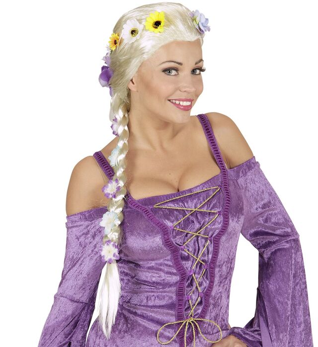 Perruque blonde avec tresse et fleurs