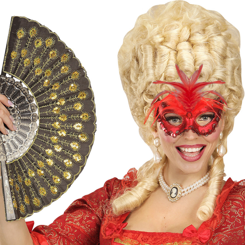 [WID04691] Masque vénitien rouge avec strass, perles, sequins et plumes
