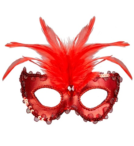 [WID04691] Rote venezianische Maske mit Strass, Perlen, Pailletten und Federn