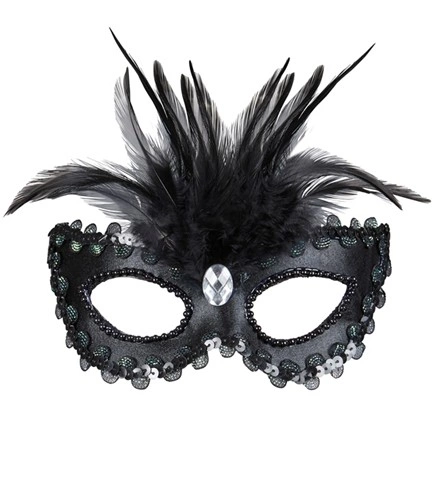 [WID04692] Glossy black Venetian eye mask with gem, beads, sequins and feathers
