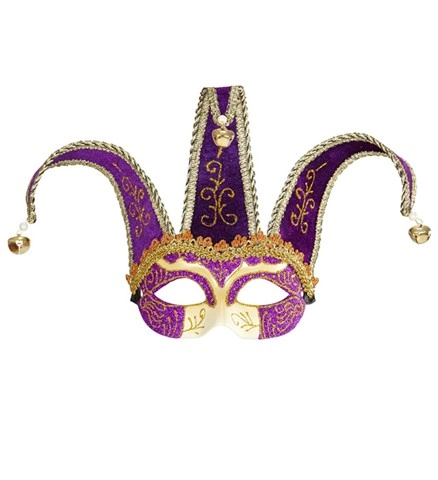 [WID04711] Masque de bouffon violet et or à clochettes