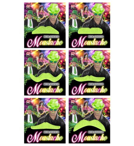 [WID08221] Self-adhesive neon green moustaches, 6 assorted designs