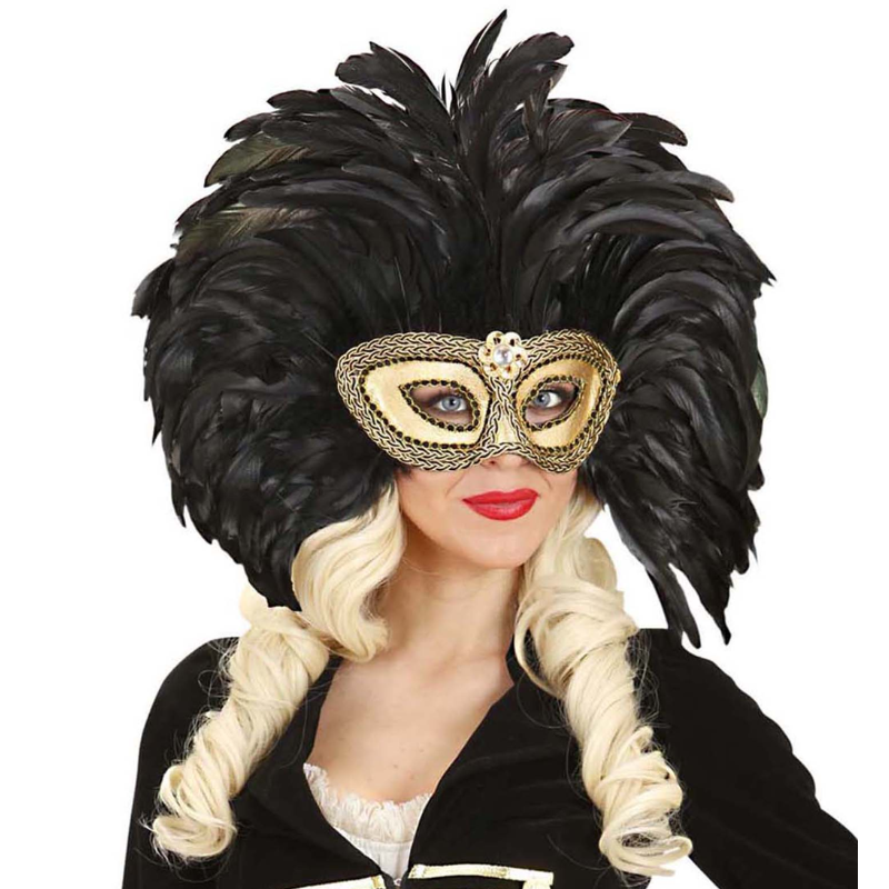 [WID1777V] Gold Venetian Mask with Rhinestones and Feathers