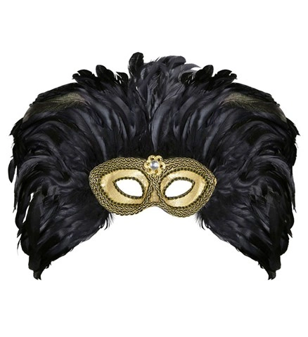 [WID1777V] Gold Venetian mask with rhinestones and feathers