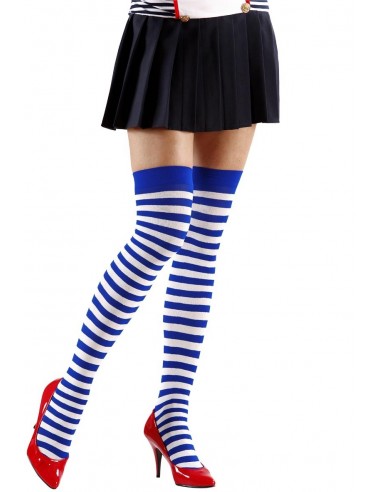 [WID2068H] Chaussettes montantes rayées blanc-bleu - 70 deniers